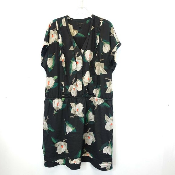 BANANA REPUBLIC Black White Midi Dress XL Shift Botanical Pleated Short Sleeve - Picture 3 of 10